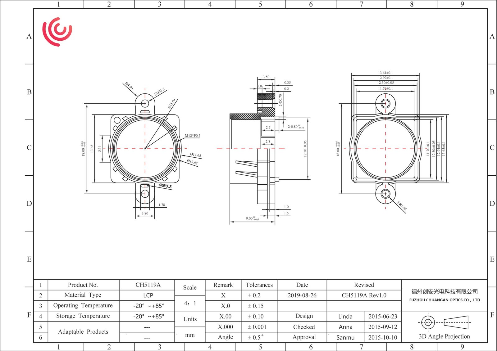 CH5119A M12*0.5 Hole Distance 18mm LCP Lens Holder